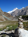 Base camp site for Cathedral Peak with Masherbrum behind, Karakoram, Pakistan.